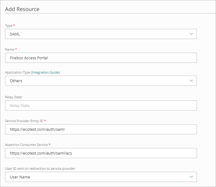 Screen shot of the SAML resource settings